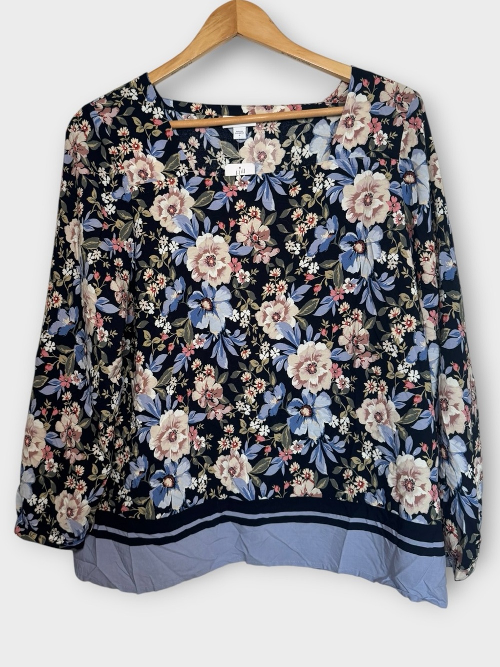 J.Jill Floral Border Print Blouse Navy Blue Long Sleeve Top Medium